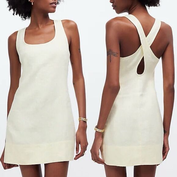 MADEWELL Mini Dress Women 2 Pale Yellow 100% Linen NEW Cross Back A-Line NR350 - Picture 1 of 14